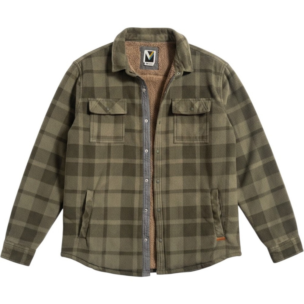 Voyager Mens Plaid Fleece Sherpa Lined Shirt Jacket Olive Green Grey Size Medium